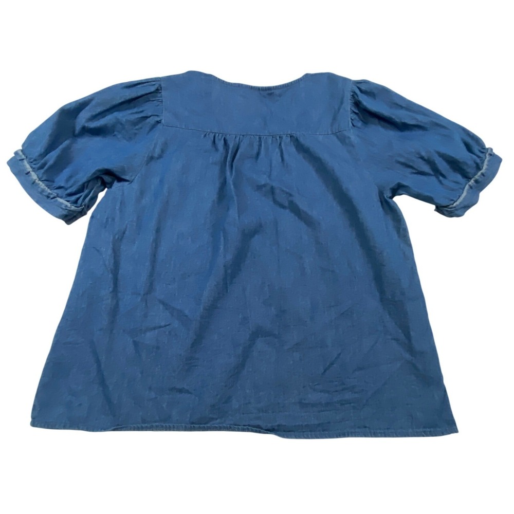 Draper James Women Medium Wash Blue Chambray Puff Sleeve V-Neck Blouse Top L - Picture 3 of 6